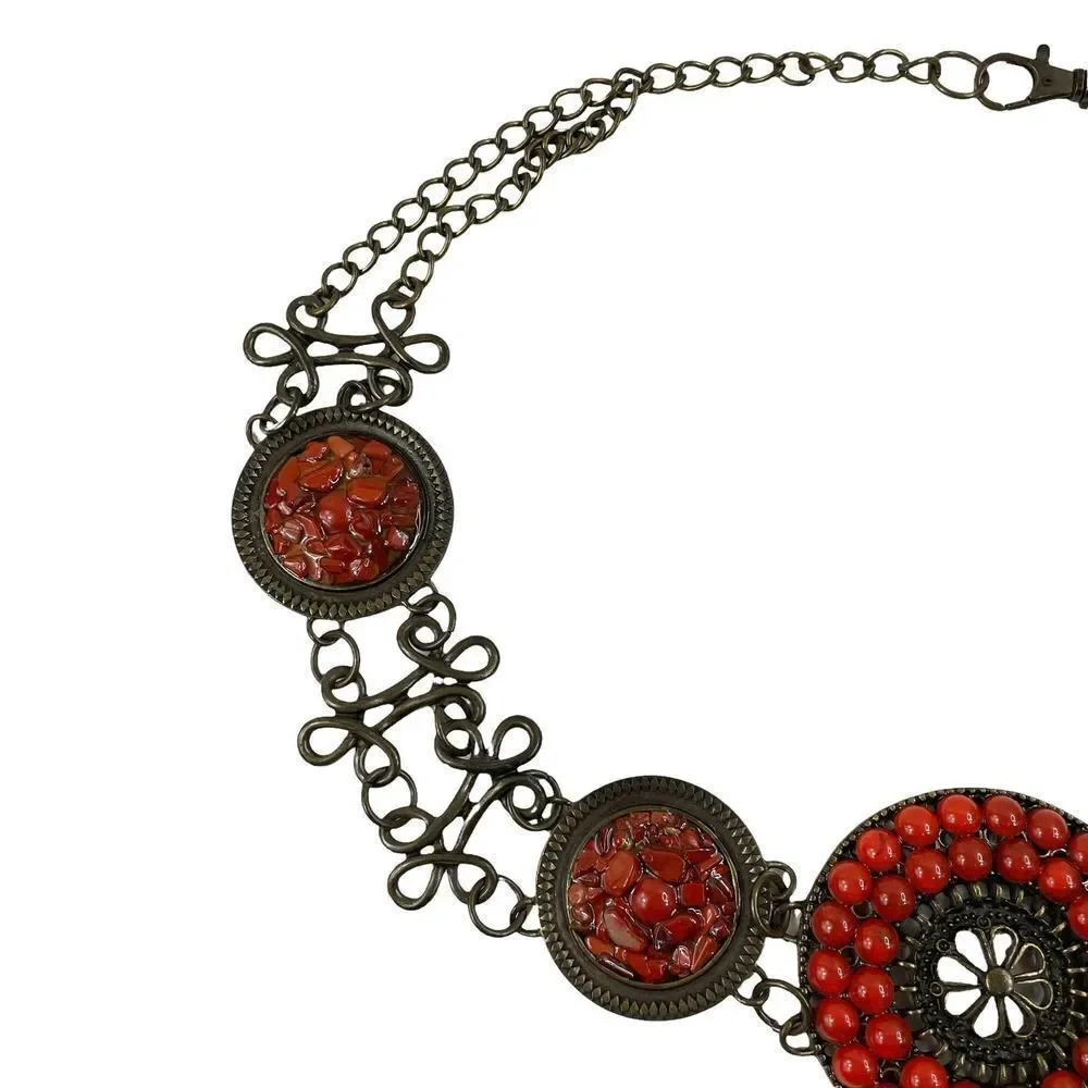 Brass Tone‎ Metal Chain Concho Belt Rust orange Stones Boho Artsy